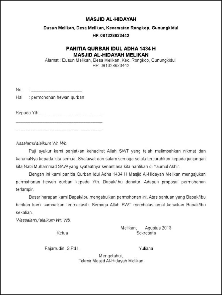 Contoh Surat Permohonan Bantuan Dana Untuk Hewan Qurban