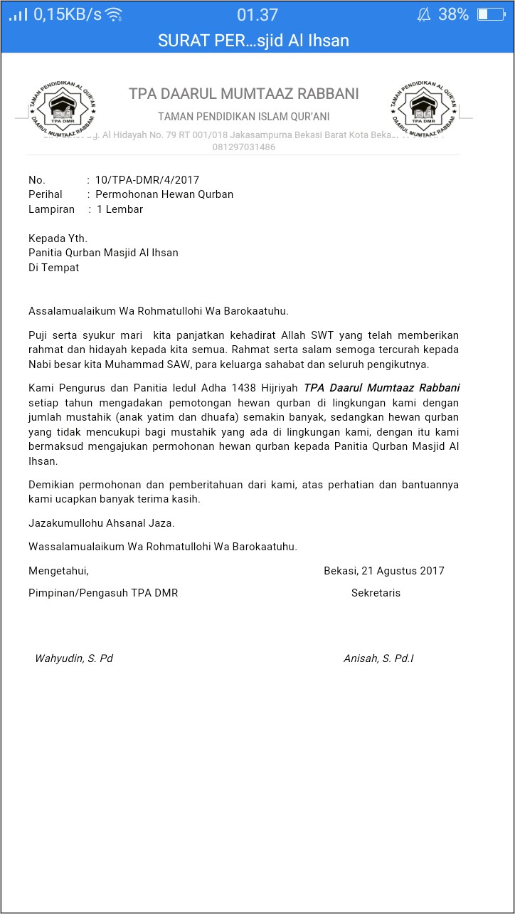 Contoh Surat Permohonan Bantuan Idul Adha