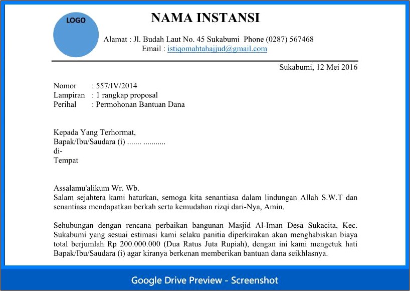 Contoh Surat Permohonan Bantuan Seikhlasnya