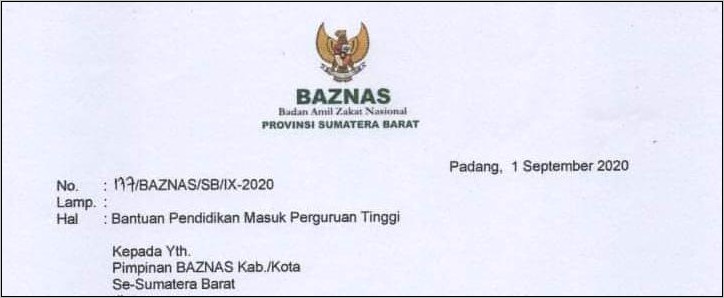 Contoh Surat Permohonan Beasiswa Baznas Propinsi Sumatera Barat