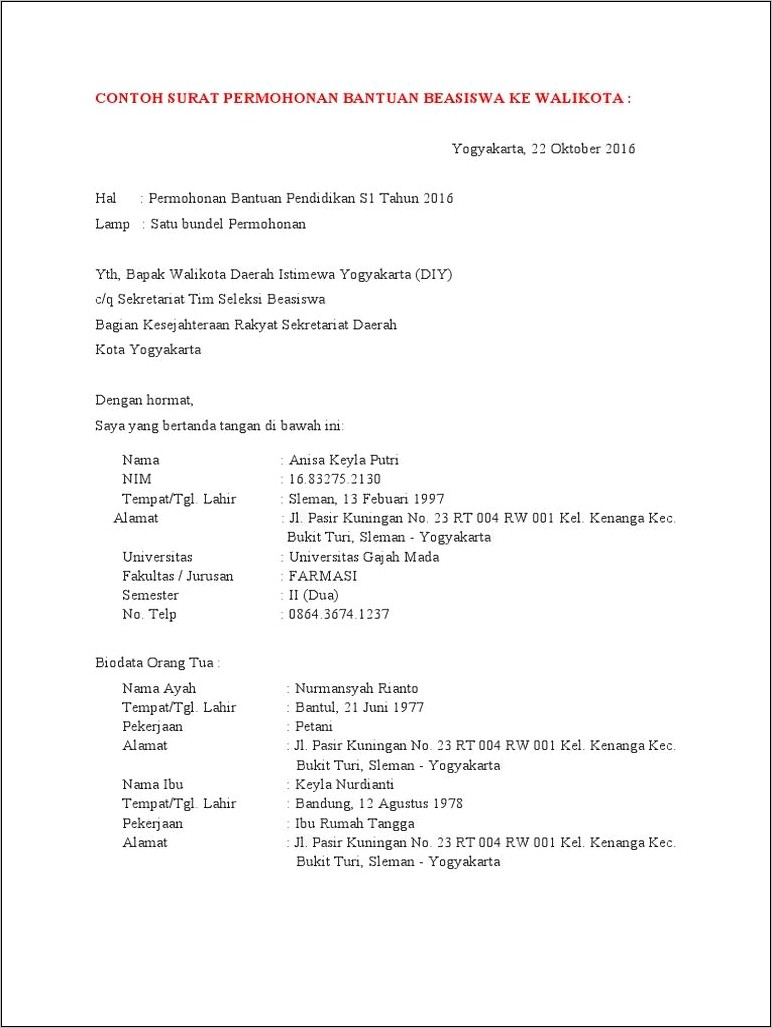 Contoh Surat Permohonan Beasiswa Baznas Provinsi Sumatera Barat Yang Benar