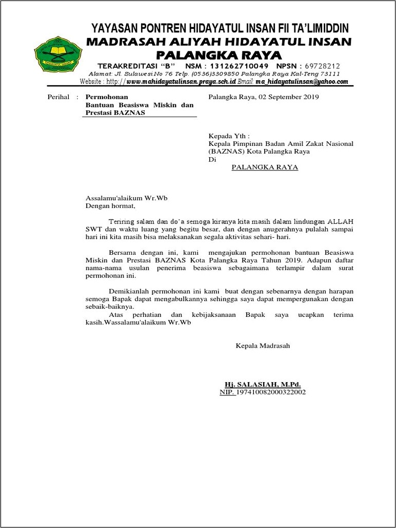 Contoh Surat Permohonan Beasiswa Baznas Provinsi Sumatera Barat