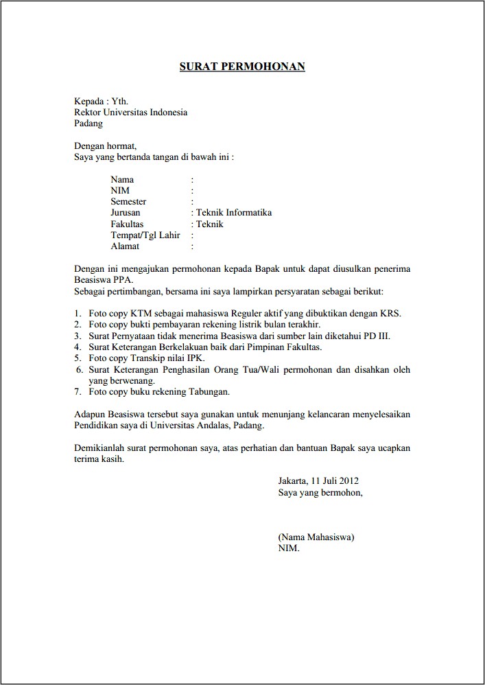 Contoh Surat Permohonan Beasiswa Baznas