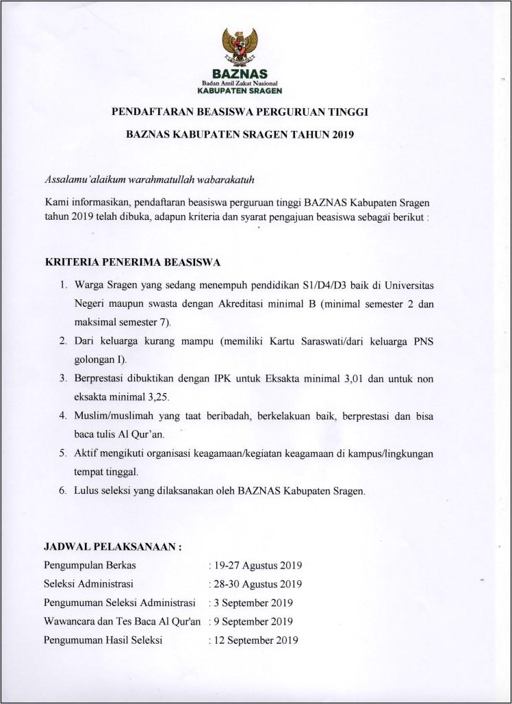 Contoh Surat Permohonan Beasiswa Kepada Baznas Bengkulu