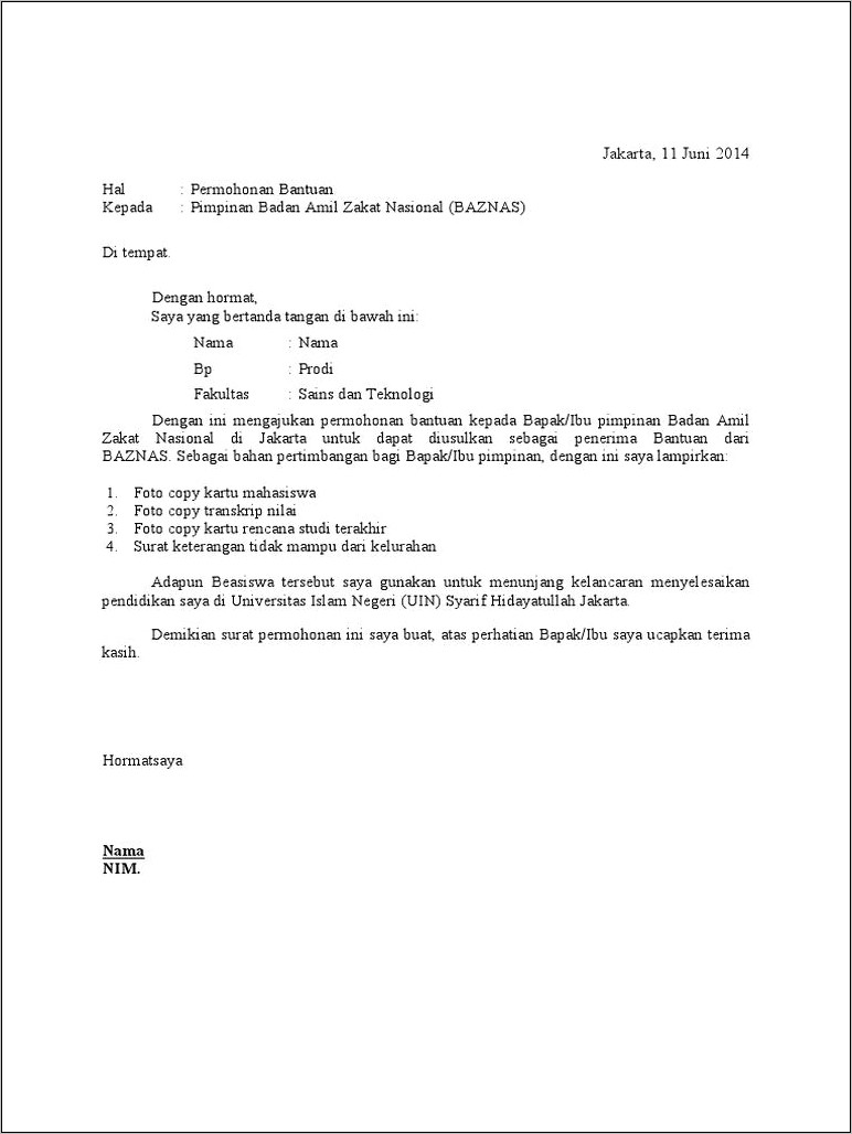 Contoh Surat Permohonan Beasiswa Kepada Ketua Baznas Bengkulu