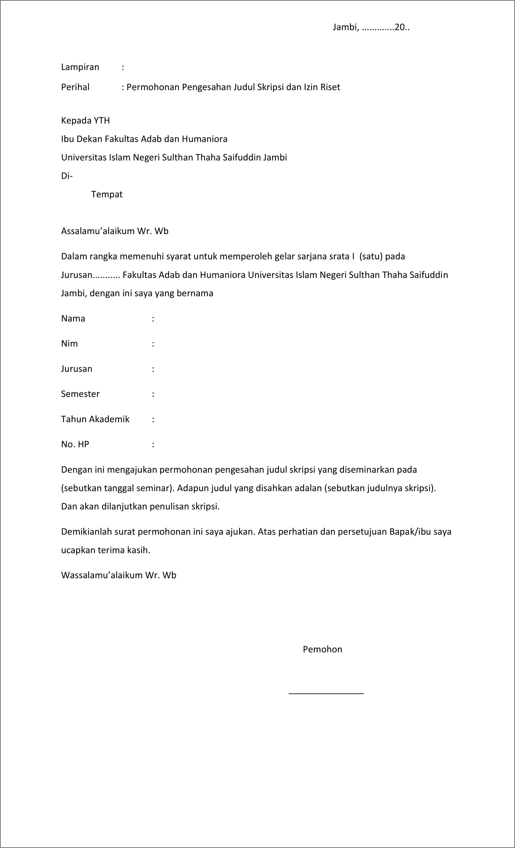 Contoh Surat Permohonan Beasiswa Skripsi