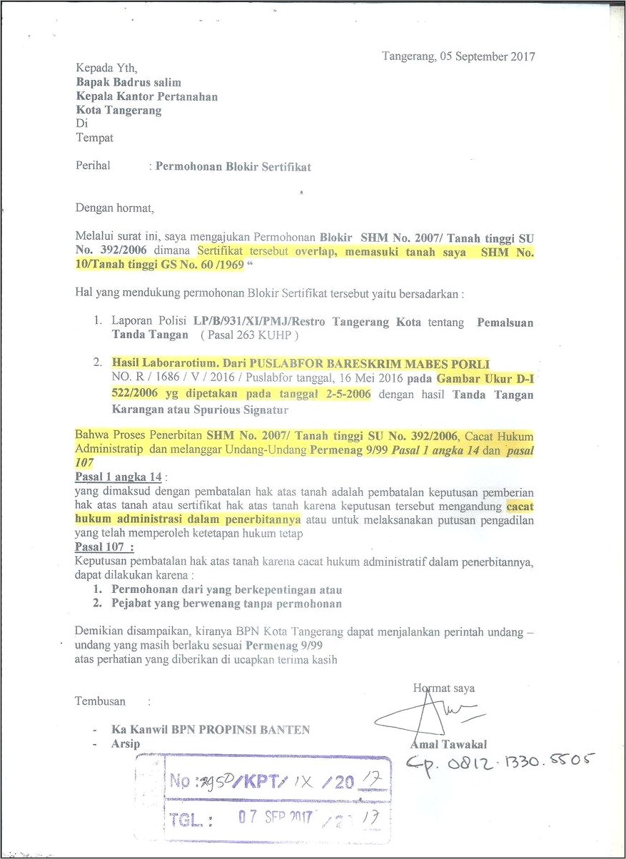Contoh Surat Permohonan Cabut Blokir Sertifikat Hak Mikik Di Bpn