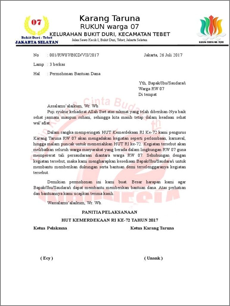 Contoh Surat Permohonan Dana 17 Agustus Kepada Warga