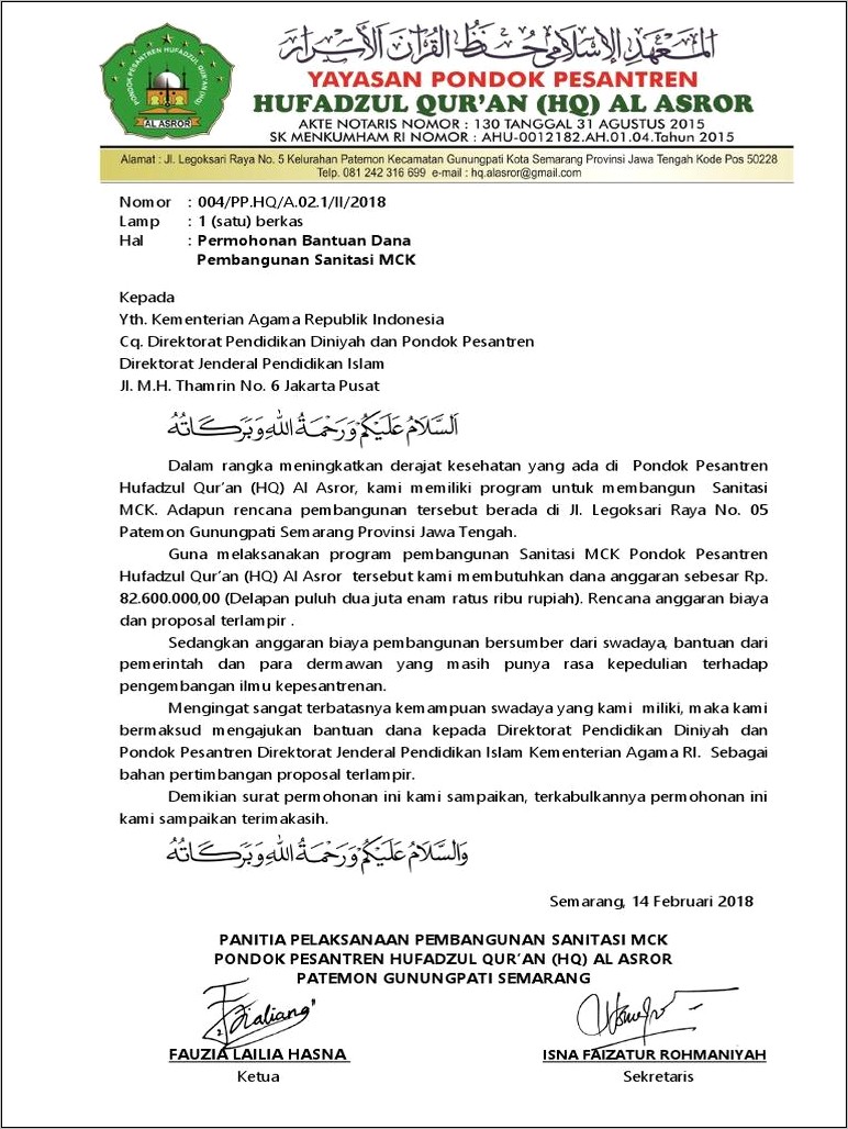 Contoh Surat Permohonan Dana Tahfidul Quran