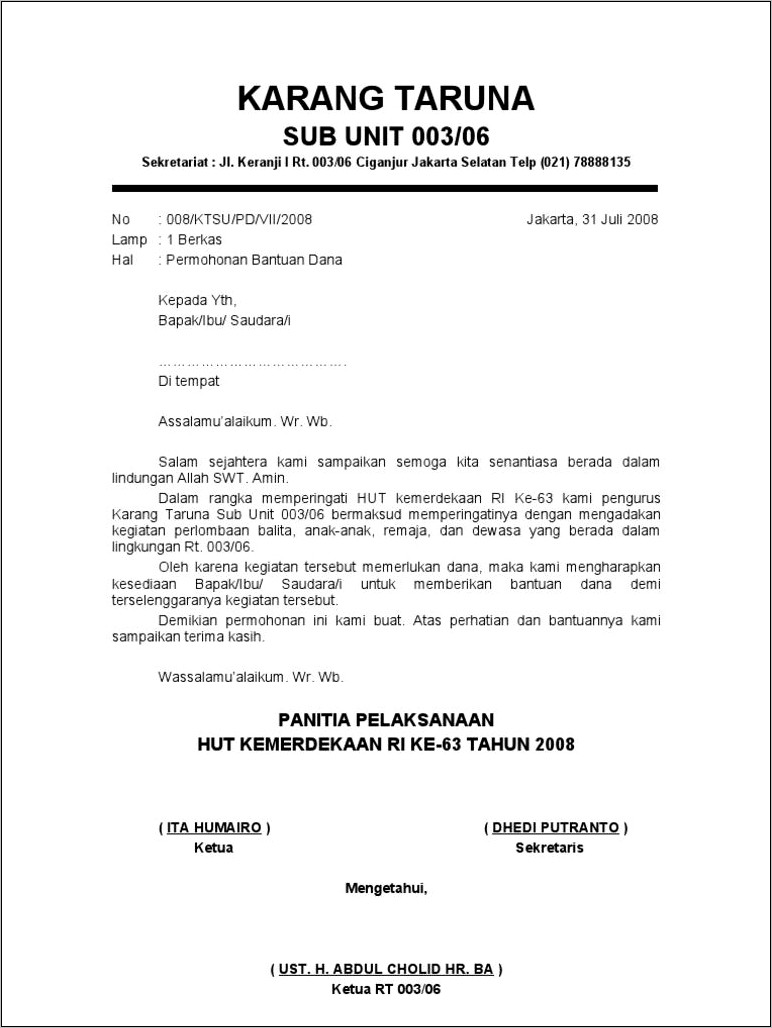 Contoh Surat Permohonan Dana Untuk Sanlat