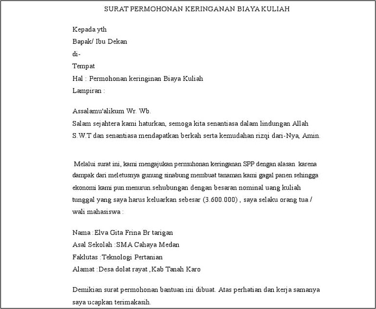 Contoh Surat Permohonan Debitur