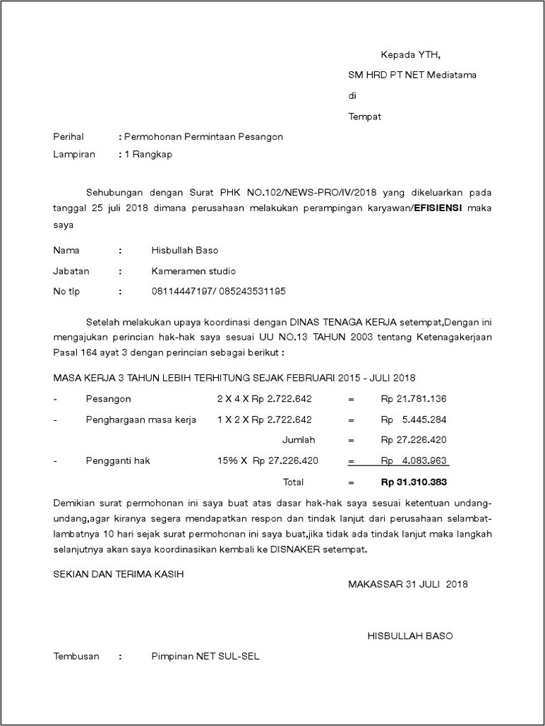 Contoh Surat Permohonan Di Phk