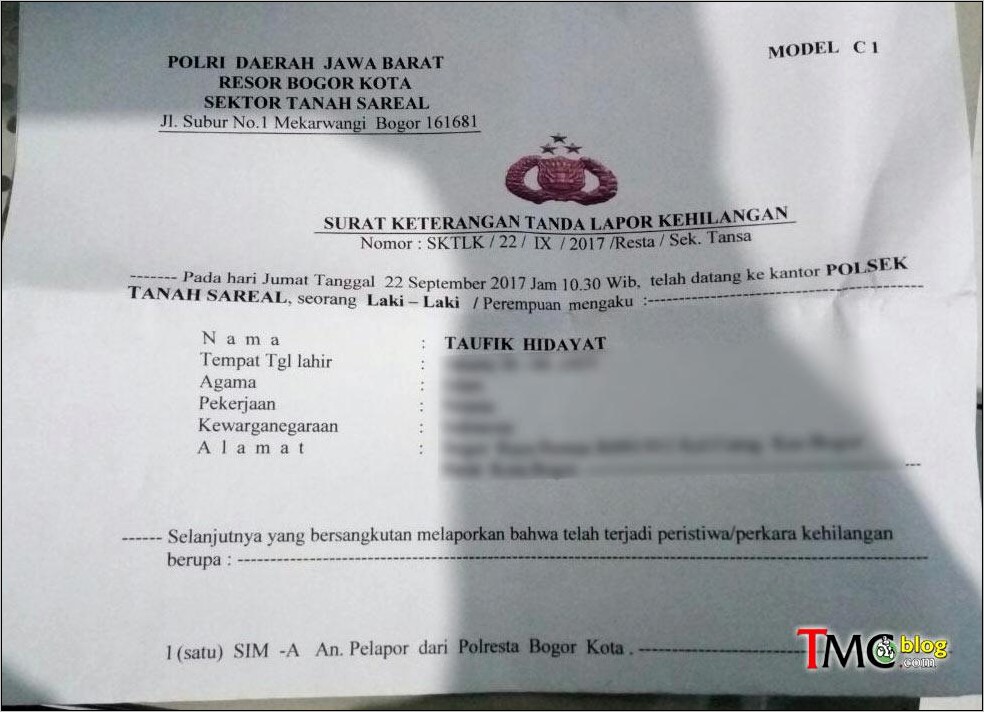 Contoh Surat Permohonan Dikeluarkan Surat Kehilangan Ke Polres