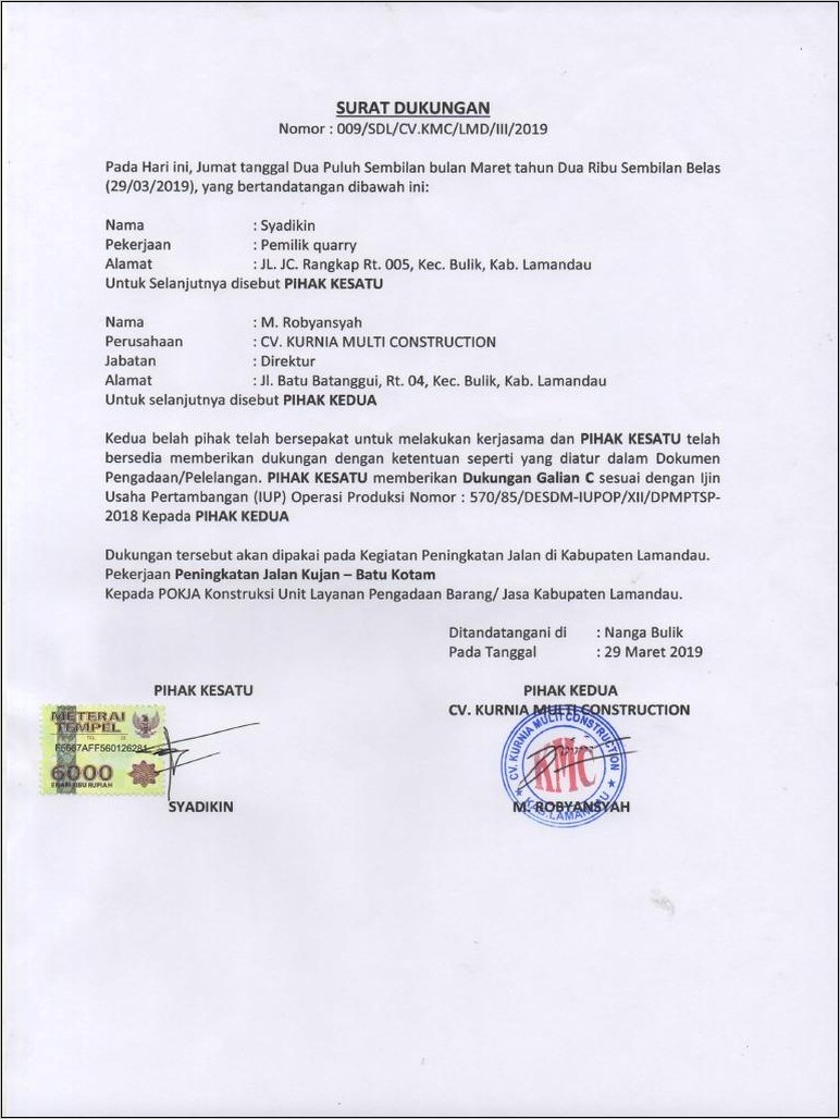 Contoh Surat Permohonan Dukungan Quarry