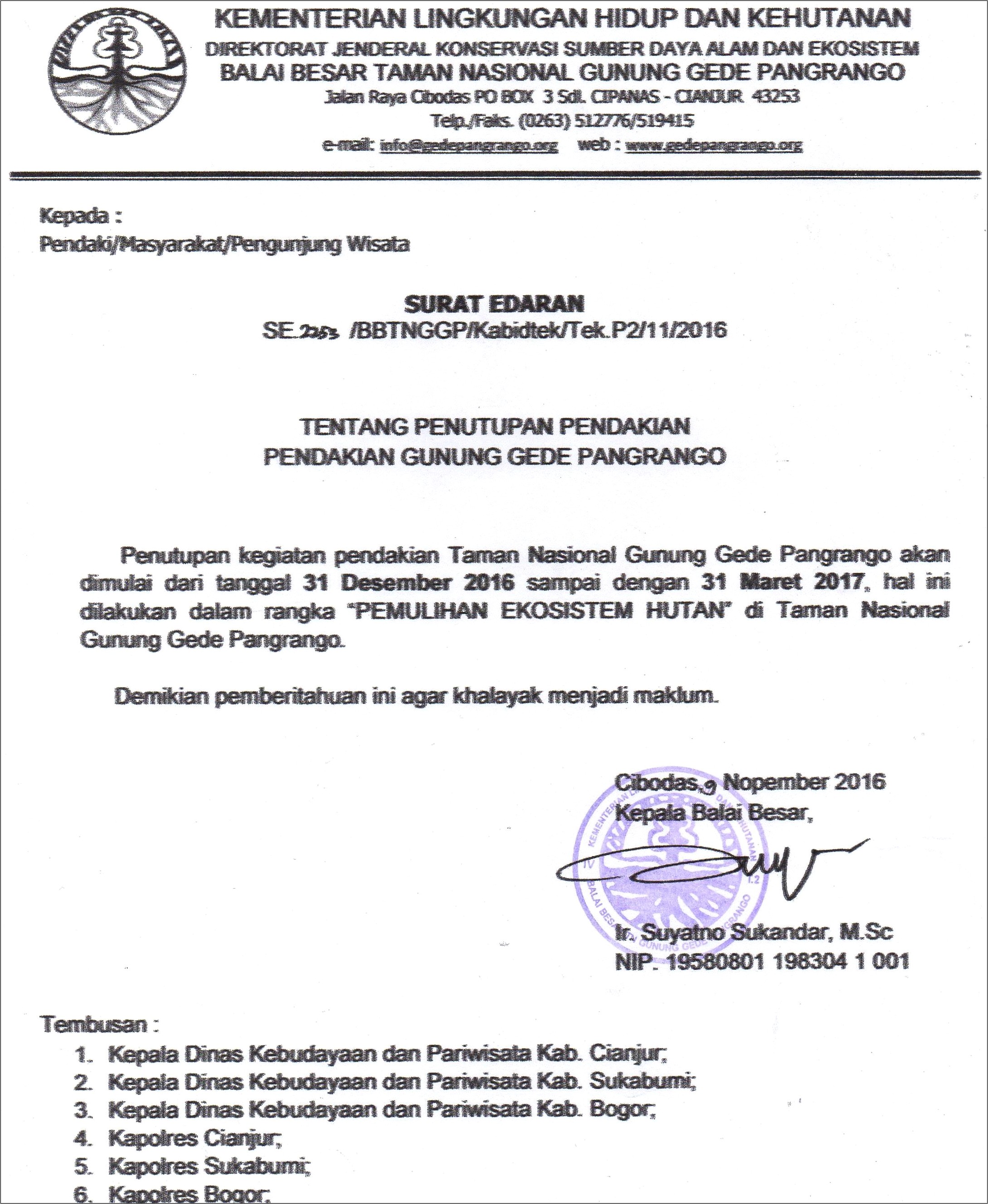 Contoh Surat Permohonan Foto Kegiatan Taman Nasional