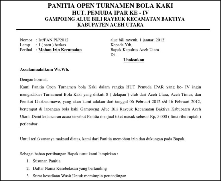 Contoh Surat Permohonan Ijin Pawai Taaruf