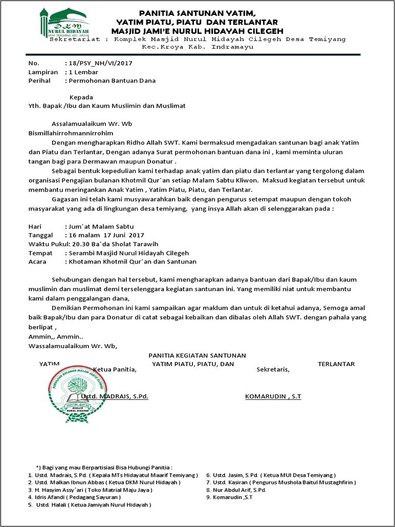 Contoh Surat Permohonan Imam Tarawih