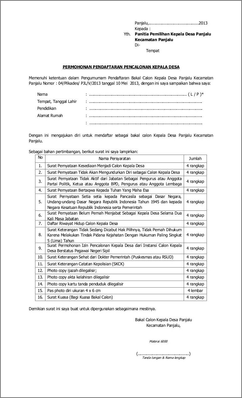 Contoh Surat Permohonan Izin Pendaftaran Kepala Desa Bagi Pns