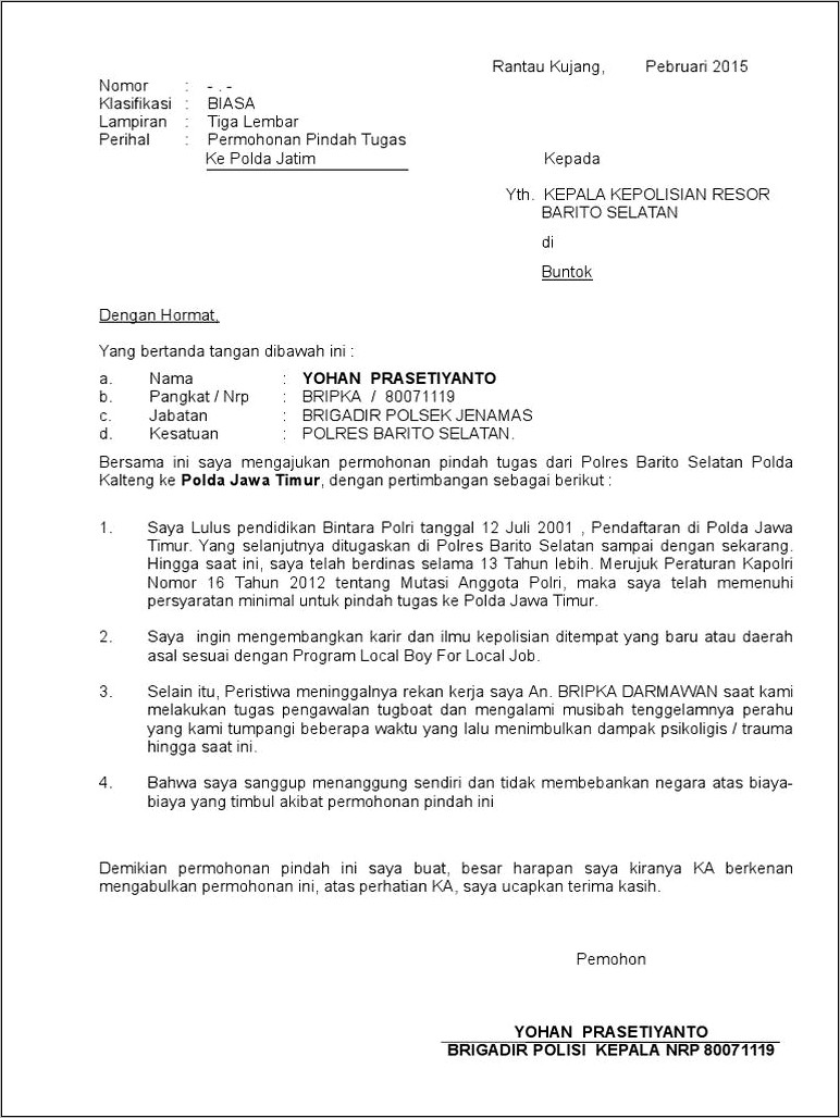 Contoh Surat Permohonan Jadi Anggota Polri