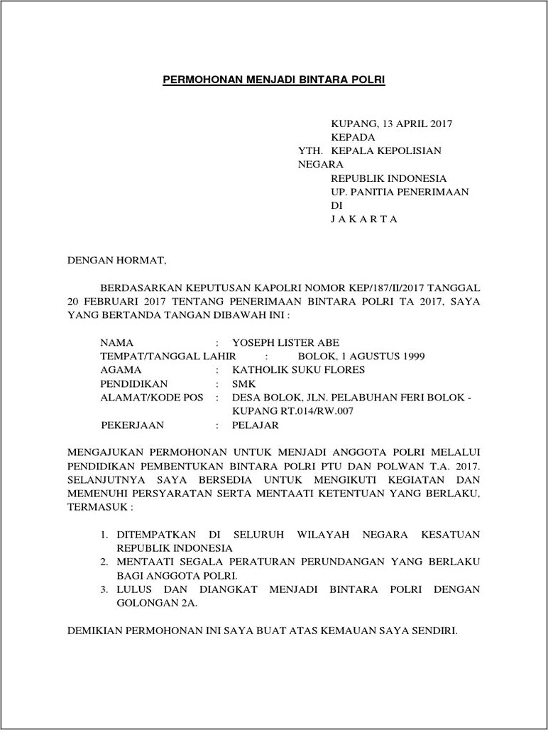 Contoh Surat Permohonan Jadi Bintara Polri