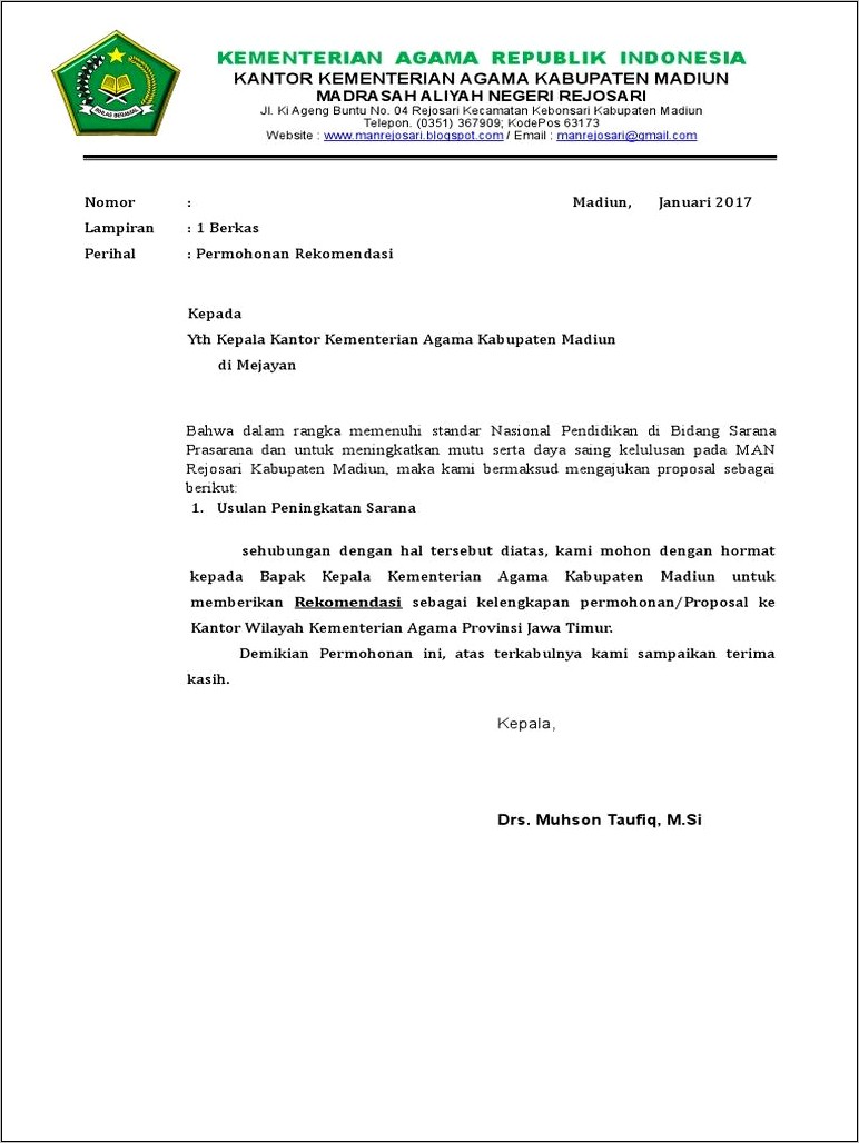 Contoh Surat Permohonan Kantor Kua