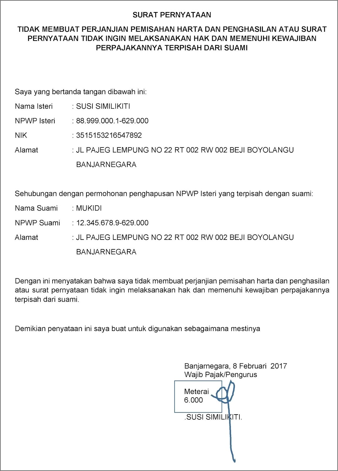 Contoh Surat Permohonan Kartu Istri