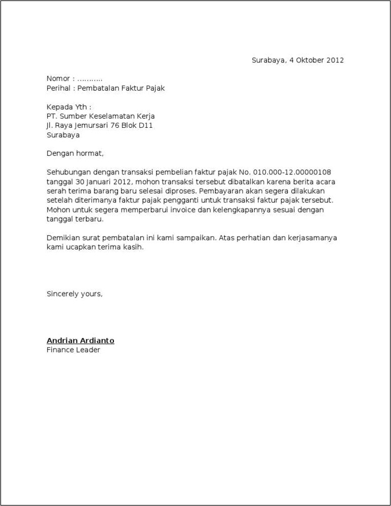 Contoh Surat Permohonan Kelas Pajak