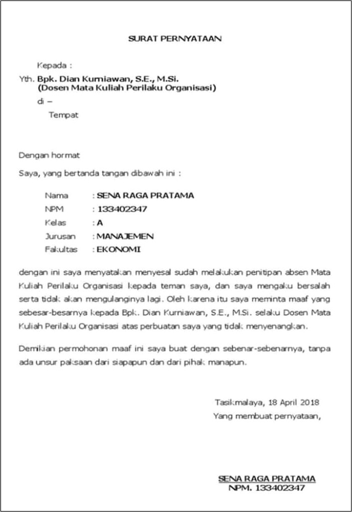 Contoh Surat Permohonan Kelas