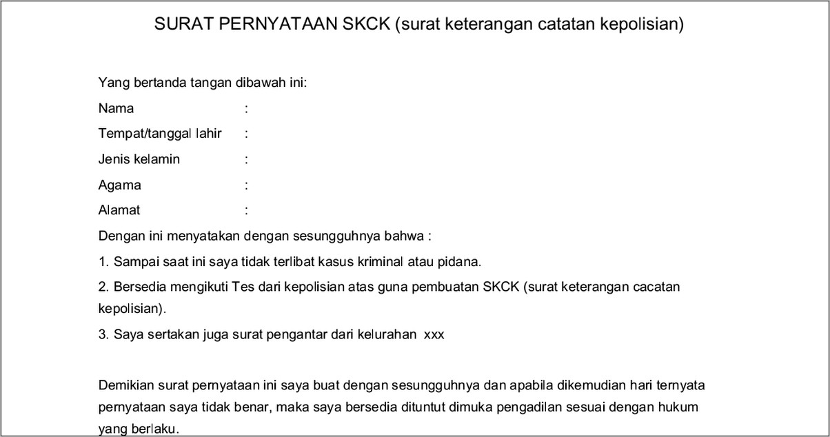 Contoh Surat Permohonan Kepolsian Skck