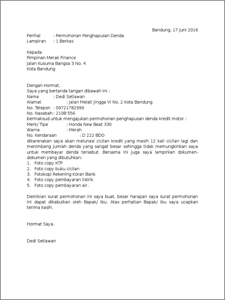 Contoh Surat Permohonan Keringanan Biaya Damija