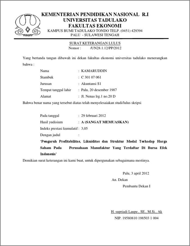 Contoh Surat Permohonan Keterangan Lulus Kuliah Stmik Provisi