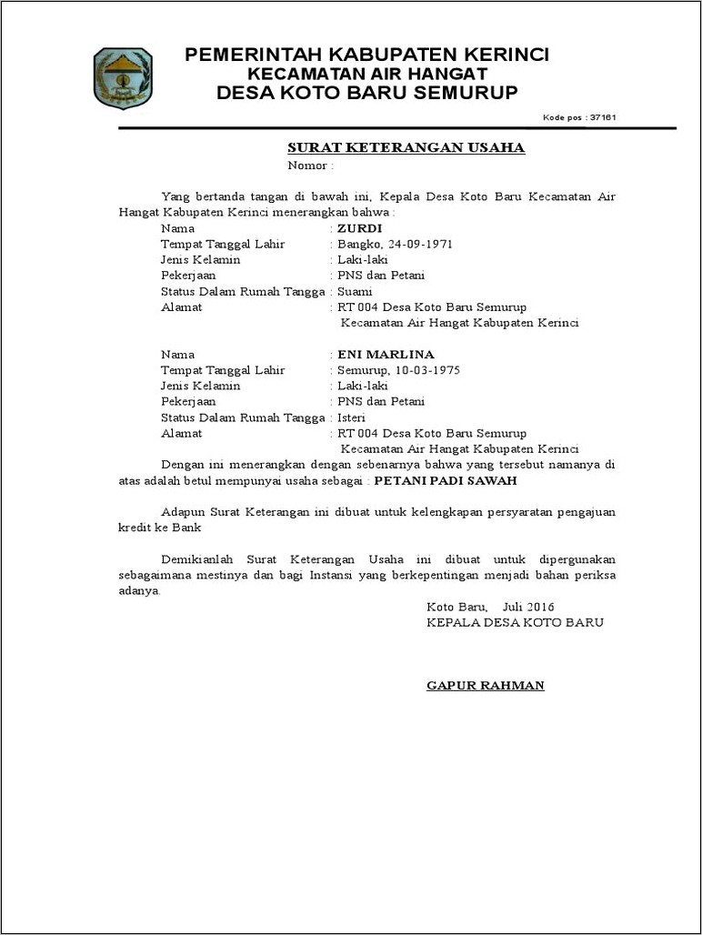 Contoh Surat Permohonan Keterangan Usaha Doc