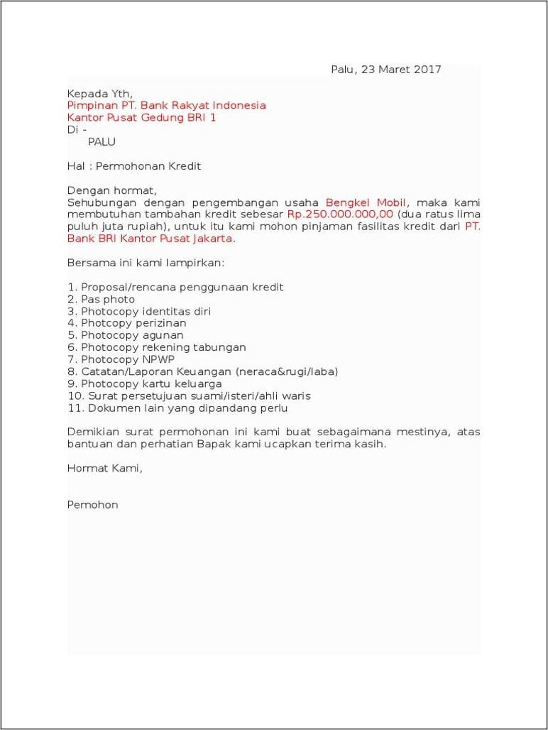 Contoh Surat Permohonan Kredit Bankl Buk