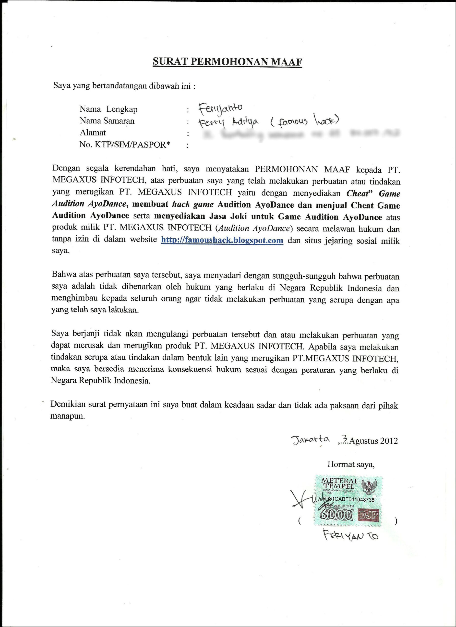 Contoh Surat Permohonan Maaaf