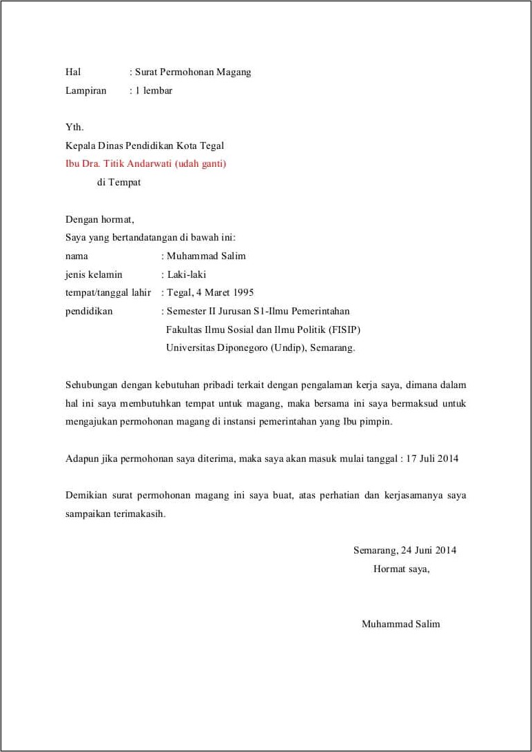 Contoh Surat Permohonan Magang Dari Mahasiswa Untuk Bank Indonesia