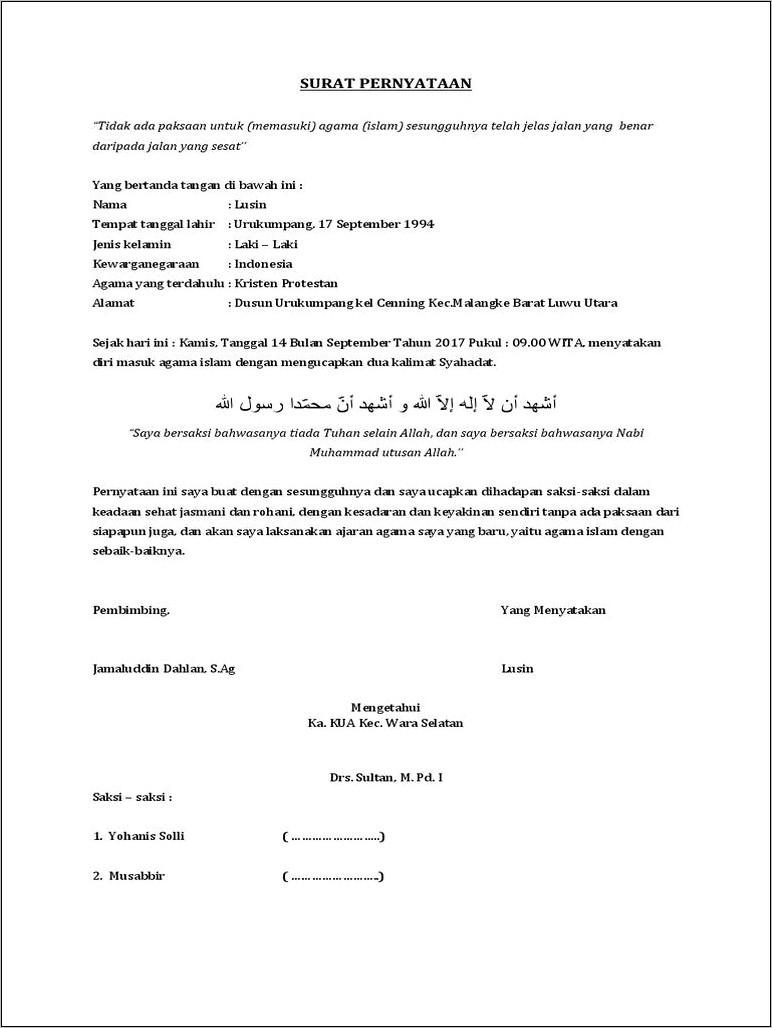 Contoh Surat Permohonan Masuk Agama Islam