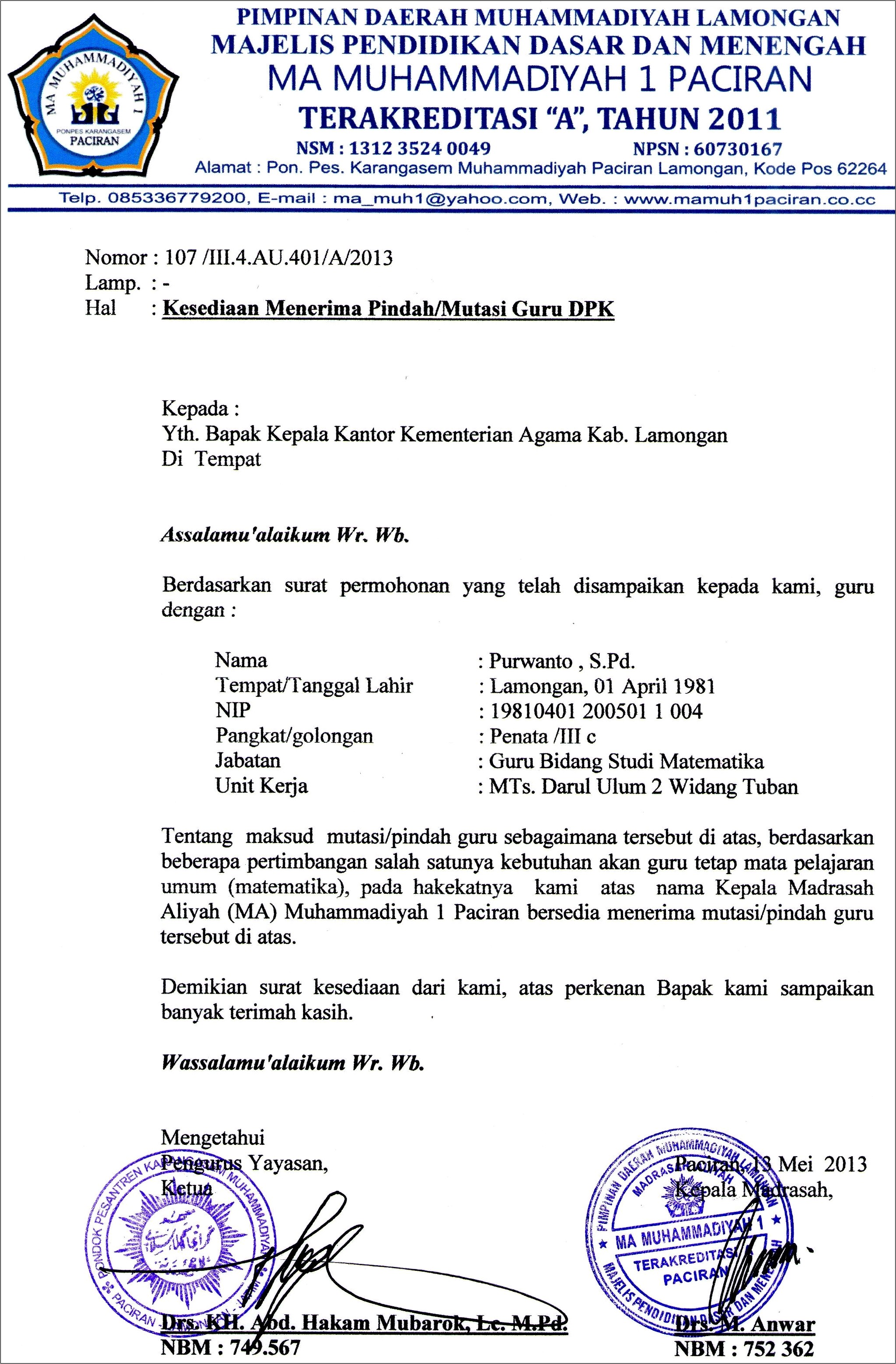 Contoh Surat Permohonan Menerima Mutasi