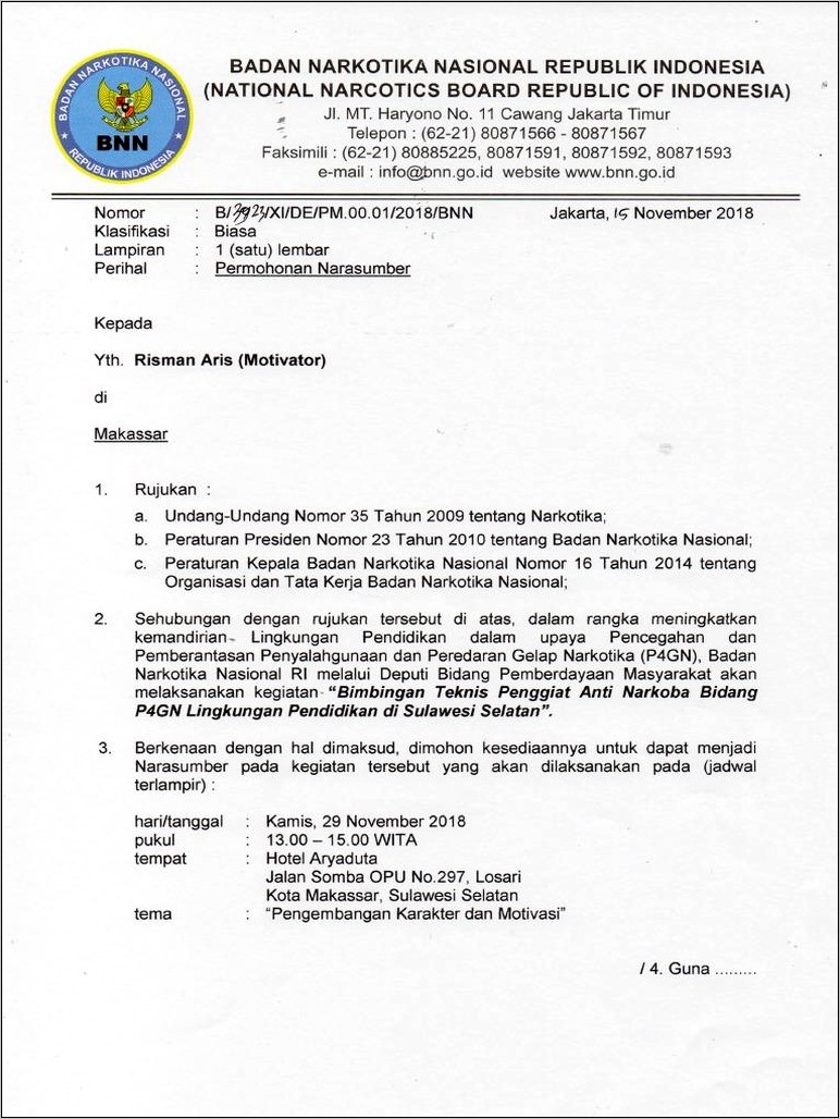 Contoh Surat Permohonan Menjadi Narasumber Seminar Narkoba