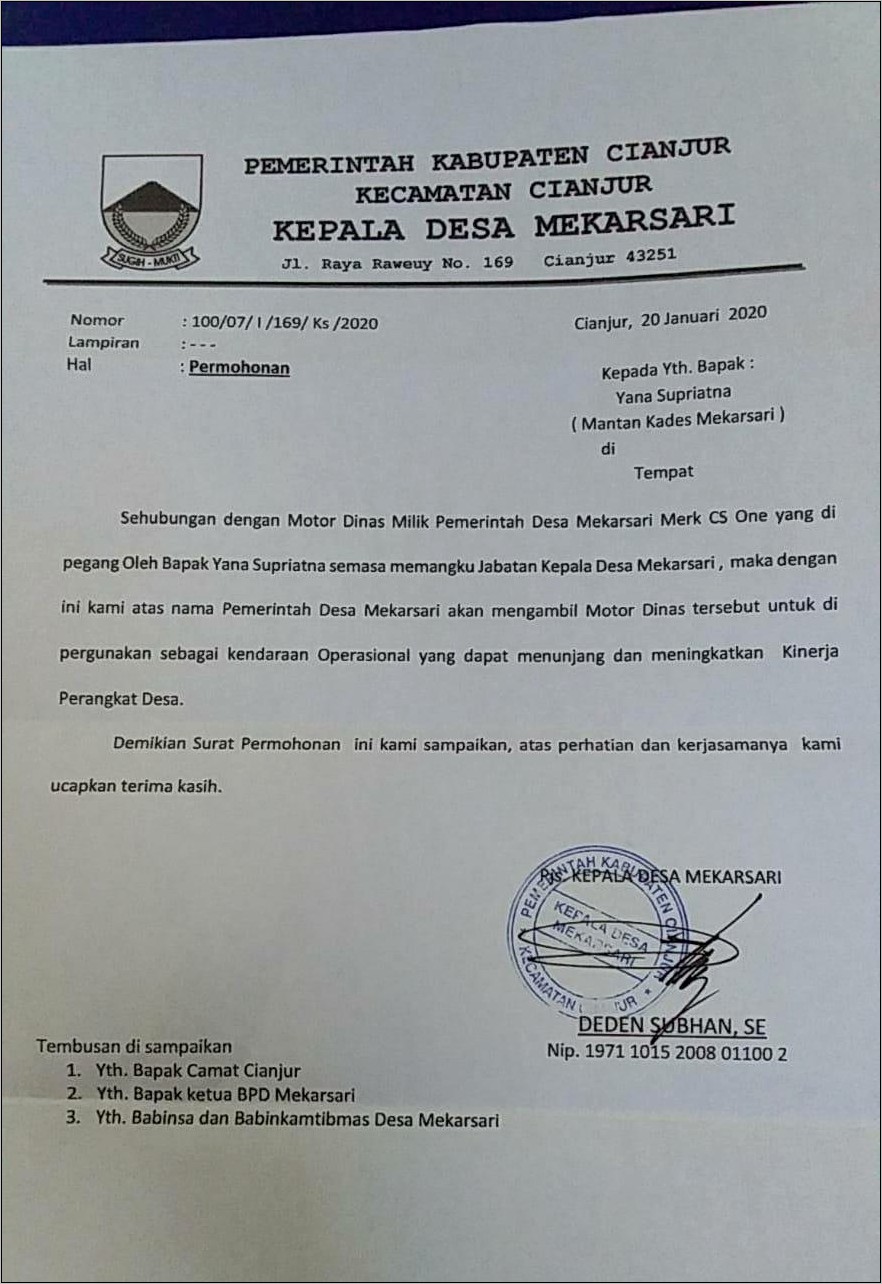 Contoh Surat Permohonan Mobil Pasa Aset