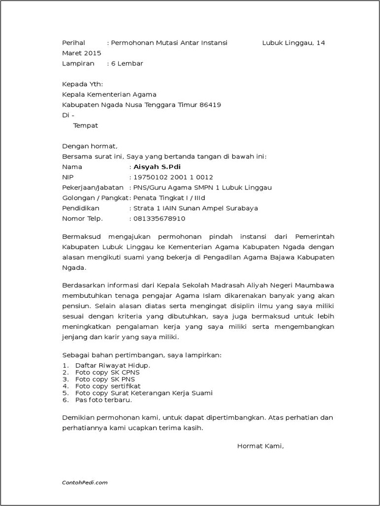 Contoh Surat Permohonan Mutasi Dari Kabupaten Ke Provinsi