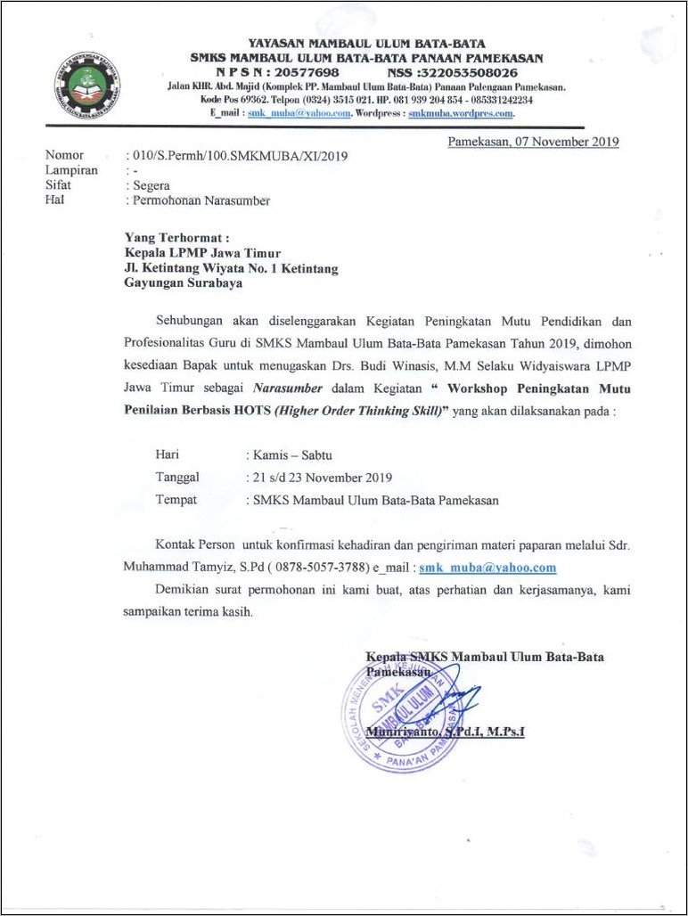 Contoh Surat Permohonan Narasumber Ke Lpmp Doc