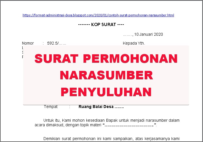 Contoh Surat Permohonan Narasumber Sekaligus Permintaan Materi