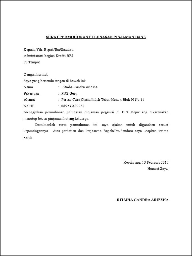 Contoh Surat Permohonan Pangajuan Kpr Btn