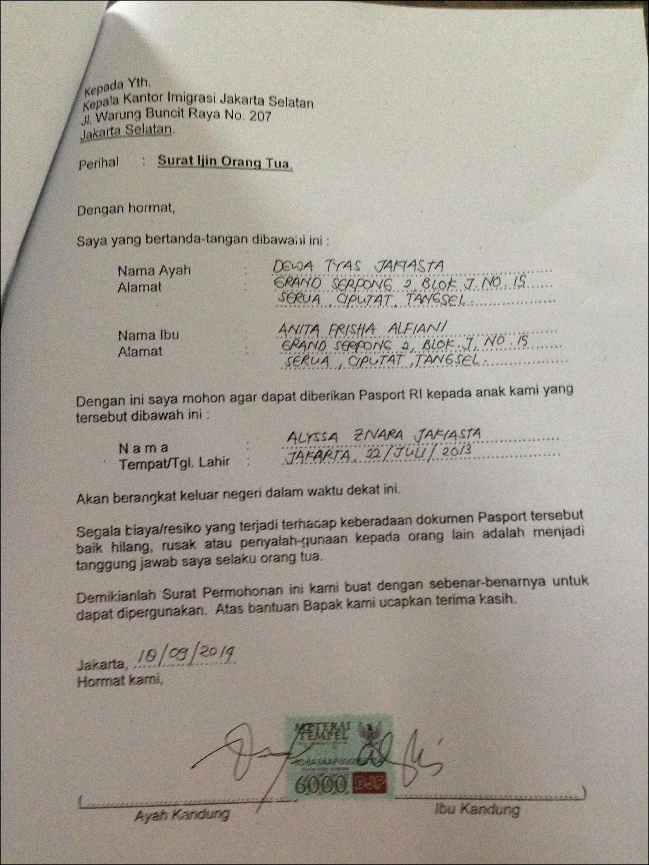 Contoh Surat Permohonan Paspor Anak