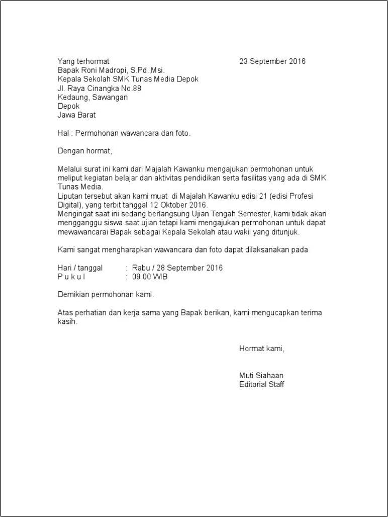 Contoh Surat Permohonan Peliputan Tv