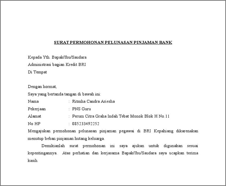 Contoh Surat Permohonan Pelunasan Bank Bni