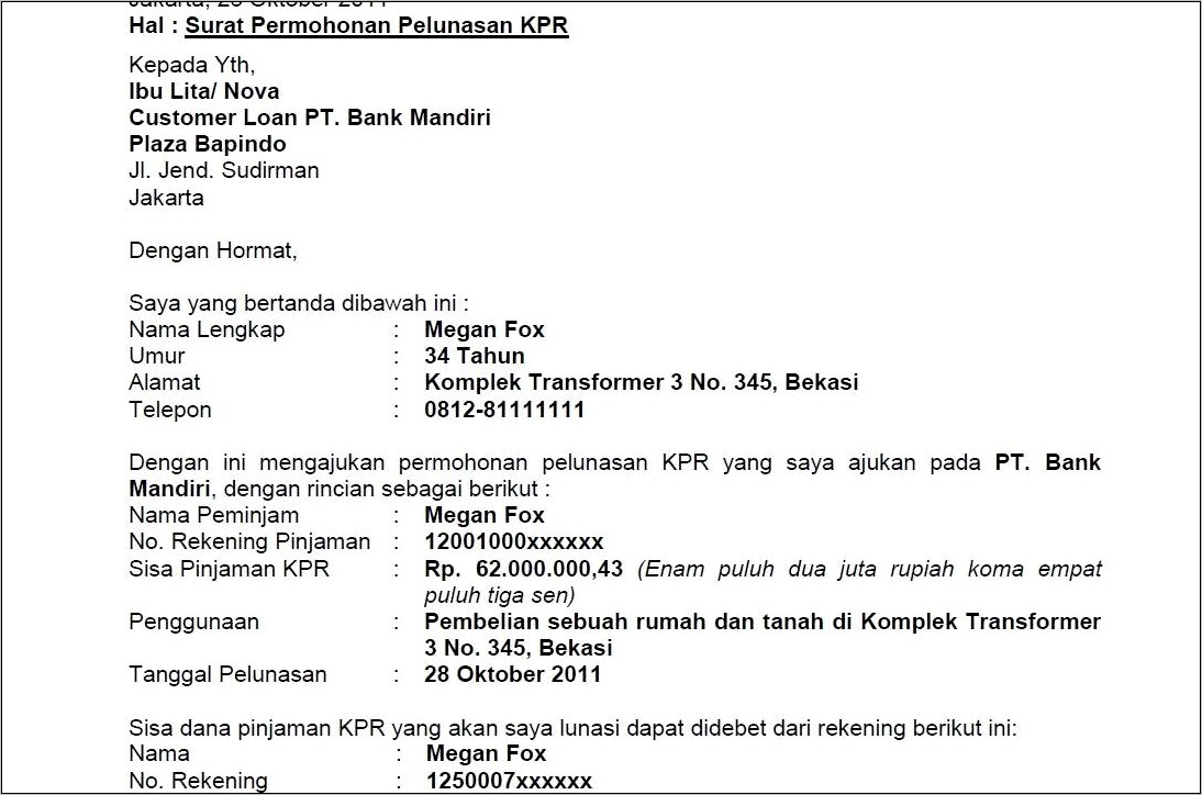 Contoh Surat Permohonan Pelunasan Kresdit Bank