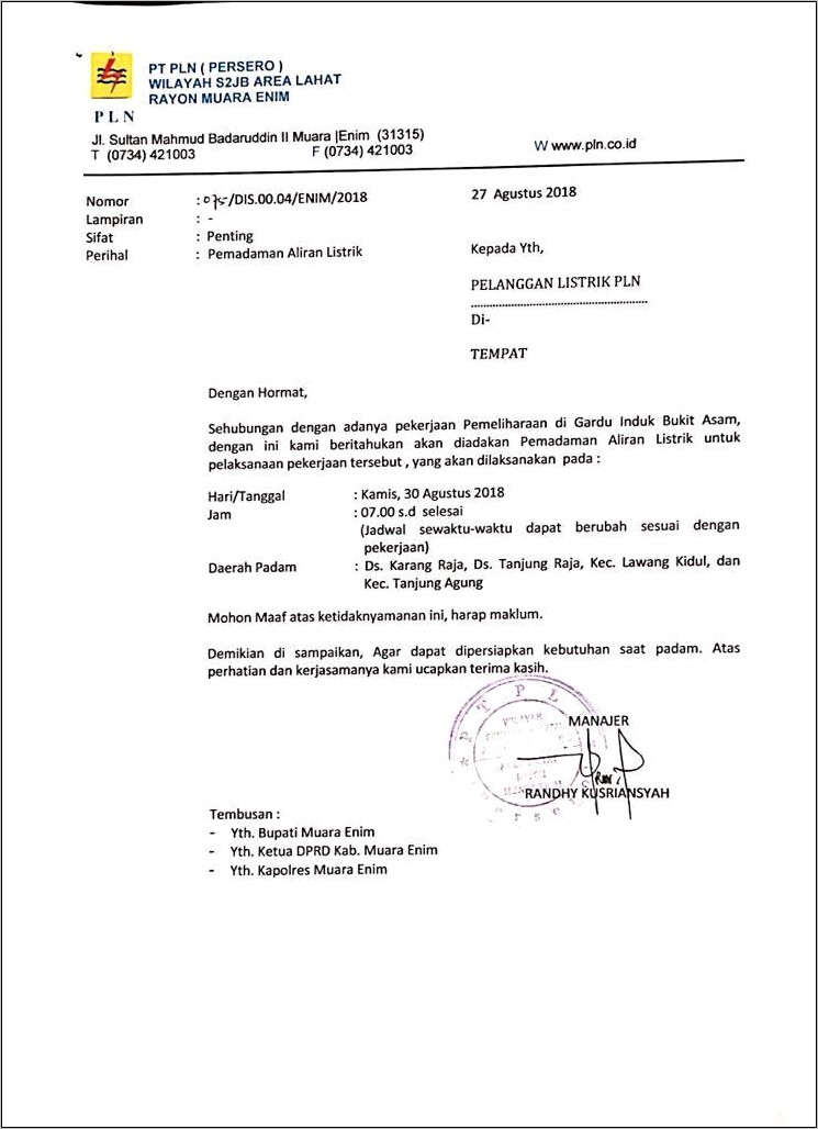 Contoh Surat Permohonan Pemadaman Listrik Ke Pln