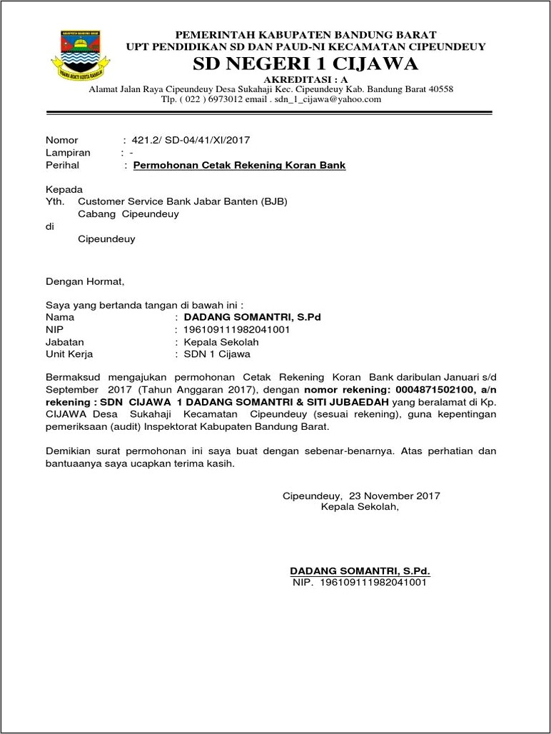 Contoh Surat Permohonan Pembukaan Rekening Bpd Jateng