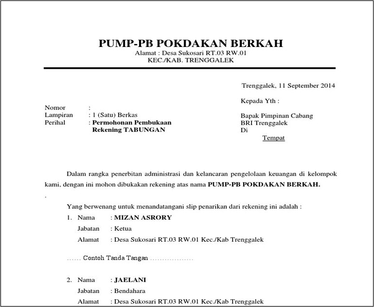 Contoh Surat Permohonan Pembukaan Rekening Dorman